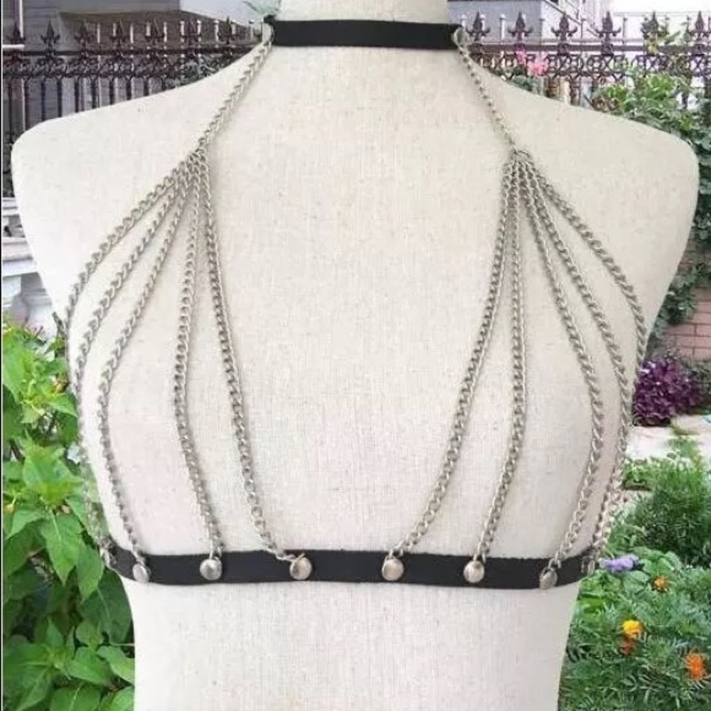 Silver Multi-Chain Body Necklace with Black Band